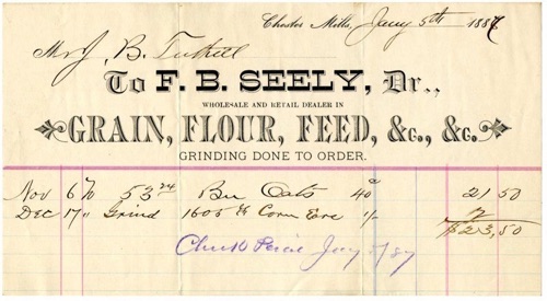 F. B. Seely grinding invoice to J. B. Tuthill. January 5, 1887 chs-010148